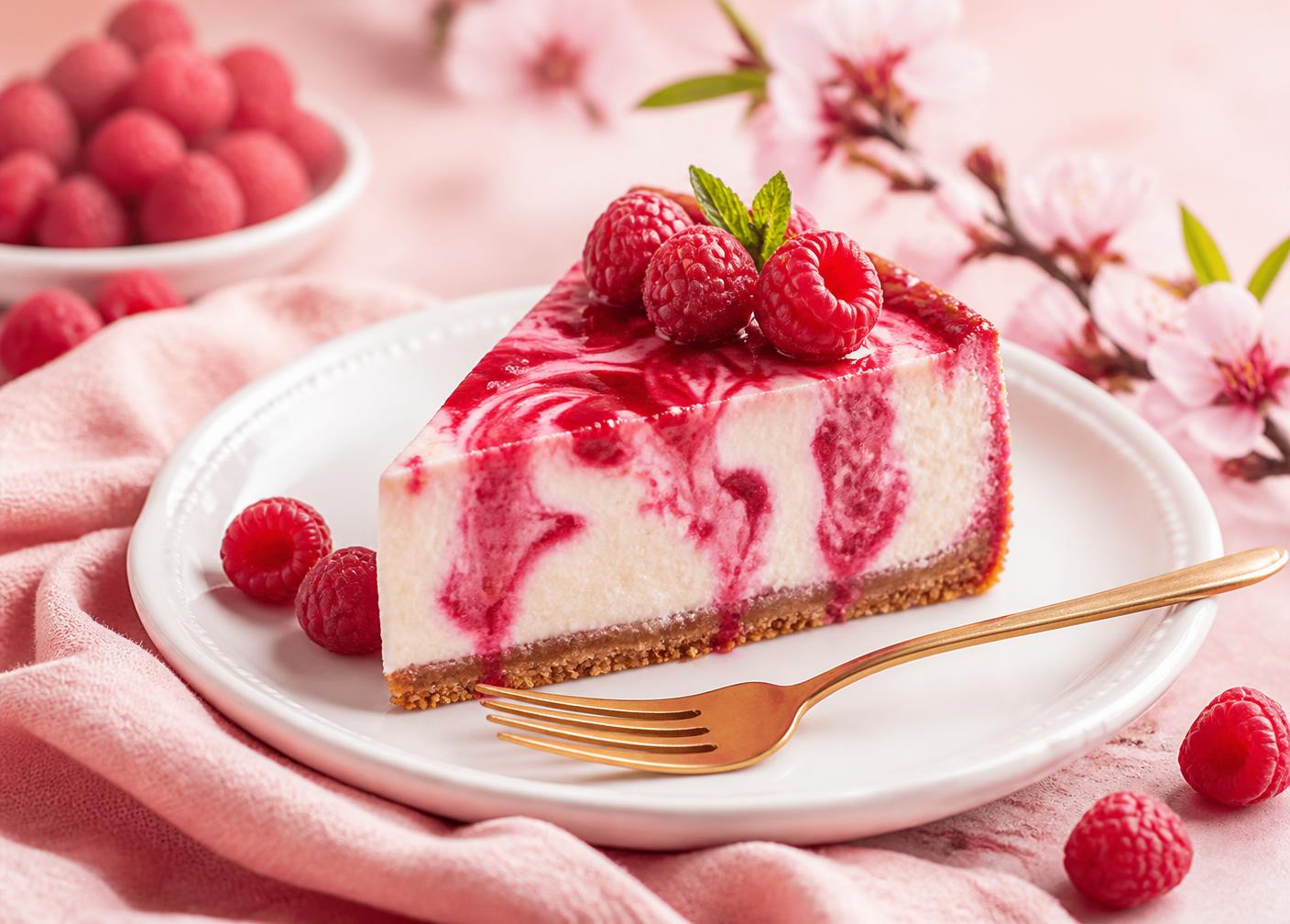 Cheesecake med hallon på ett vitt fat